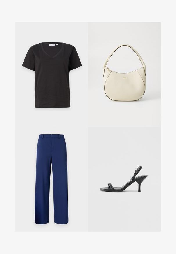 Tricou negru din bumbac cu decolteu în V și mâneci scurte. Design simplu, cu o croială normală și fără modele sau accente.; Pantaloni albastru marin, croiți, dintr-un material neted, cu un design drept, brideri și fermoar frontal cu închidere cu cârlig.; Sandale cu toc înalt din piele neagră, cu un toc subțire și curbat și un design cu curea încrucișată. Curea la gleznă ajustabilă. Textură netedă.; Geantă de mână de culoare crem, cu un finisaj texturat, formă curbată, mânere scurte și detalii cu logo auriu. Închidere cu fermoar în partea de sus.