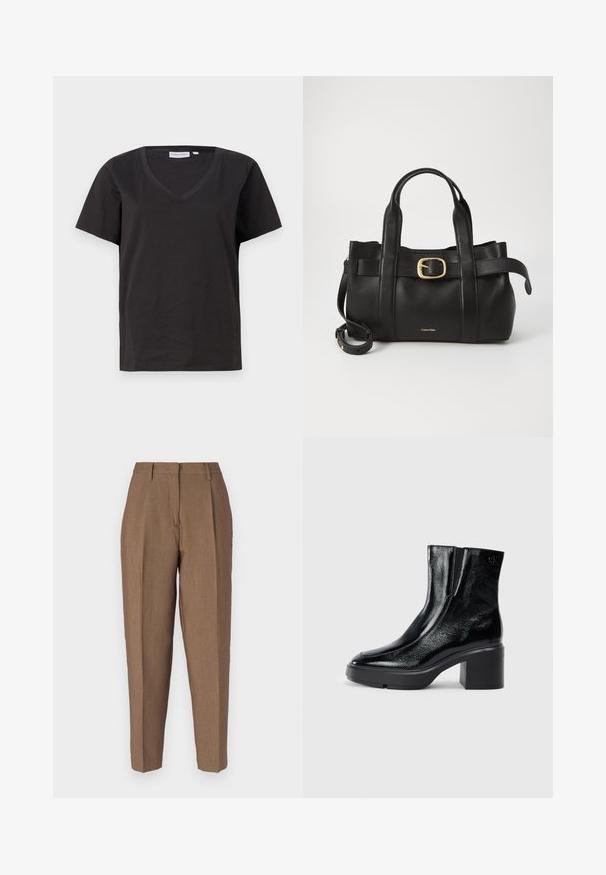 Black cotton T-shirt with a V-neck and short sleeves. Simple design with a regular fit and no patterns or accents.; Brown tailored trousers with a textured weave, featuring a high waist, front pleats, and a straight leg design. No visible hardware or pockets.; Black patent leather ankle boots with a curved toe, elastic side panels, and a chunky block heel. Features embossed logo on the back.; Black leather handbag featuring a structured design, dual top handles, gold-tone buckle accent, and embossed brand logo at the front.