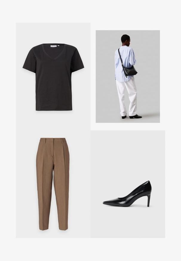 Fekete pamut póló V-nyakkal és rövid ujjakkal. Egyszerű dizájn, normál fazon, minta vagy díszítés nélkül.; Barna, szabott nadrág, textúrált szövettel, magas derékkal, elülső pliszével és egyenes szárú kialakítással. Nincs látható fémrész vagy zseb.; Fekete bőr magassarkú cipő, hegyes orral, sima textúrával és kúpos sarkal. Minimalista dizájn, nincsenek további díszítések.; Fekete bőr válltáska puha tapintással, háromszög alakú, állítható pánttal, világoskék csíkos inggel és fehér nadrággal párosítva.