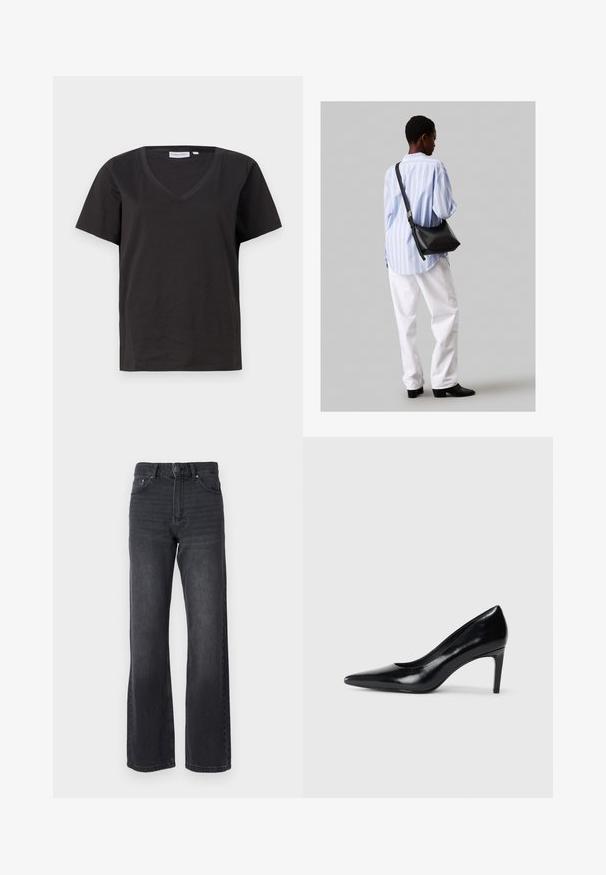 Juodas medvilninis marškinėlis su V formos iškirpte ir trumpomis rankovėmis. Paprastas dizainas, reguliaraus kirpimo, be raštų ar akcentų.; Juodi aukštu juosmeniu džinsai su tiesiomis kojomis, pagaminti iš džinsinio audinio. Turi penkis kišenes ir subtilius blukimo efektus ant audinio.; Juodas odinis aukštakulnis batelis su smailiu pirštu, lygiu paviršiumi ir siauru kulnu. Minimalistinis dizainas, jokių papildomų puošmenų.; Juodas odinis petinis krepšys su minkšta tekstūra, trikampiu pavidalu ir reguliuojama juosta, derinamas su šviesiai mėlynu dryžuotu marškinėliu ir baltais džinsais.