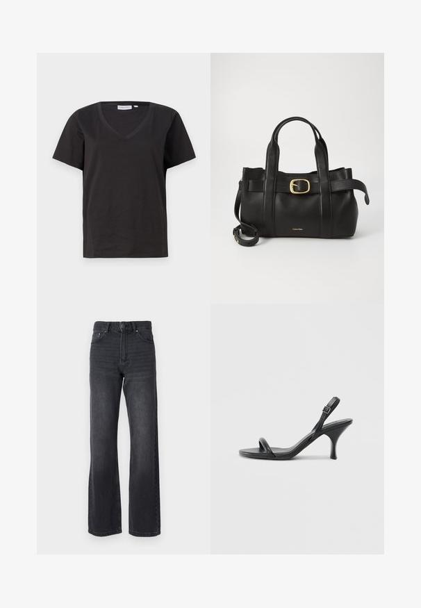 T-shirt in cotone nero con scollo a V e maniche corte. Design semplice con vestibilità regolare, senza motivi o dettagli.; Jeans neri a vita alta con design a gamba dritta, realizzati in denim. Presentano cinque tasche e un leggero sbiadimento su tutta la stoffa.; Sandali con tacco alto in pelle nera, con tacco sottile e curvo e design a fascia incrociata. Cinghia alla caviglia regolabile. Texture liscia.; Borsa a mano in pelle nera con un design strutturato, doppie maniglie superiori, accentuazione in metallo dorato e logo del marchio in rilievo sul davanti.