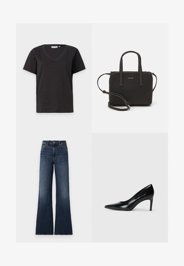Black cotton T-shirt with a V-neck and short sleeves. Simple design with a regular fit and no patterns or accents.; Wide-leg dark blue denim jeans with a high waist. Features classic five-pocket design and subtle fading on the thighs. Metal button closure.; Black leather high heel shoe with a pointed toe, smooth texture, and a tapered heel. Minimalist design, no additional embellishments.; Black handbag with dual short handles and a removable shoulder strap. Smooth leather-like material with a zip closure and logo detail.