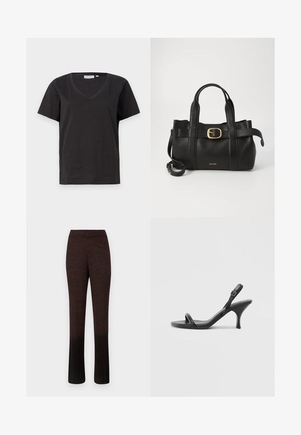 Melnas kokvilnas T-krekls ar V veida kakla izgriezumu un īsām piedurknēm. Vienkāršs dizains ar regulāru piegriezumu un bez rakstiem vai akcentiem.; Brūni ribotie adīti bikses ar pieguļošu jostasvietu, plati piegrieztiem āriem un gradāciju, kas kļūst tumšāka pie apakšmalas. Nav redzamu piederumu vai akcentu.; Melnas ādas augstpapēžu sandales ar plānu, izliekta formas papēdi un krustenisku siksnu dizainu. Regulējama potītes siksna. Gluda tekstūra.; Melnas ādas rokassoma ar strukturētu dizainu, divām augšējām rokturām, zelta toņa sprādzes akcentu un iegravētu zīmola logo priekšpusē.