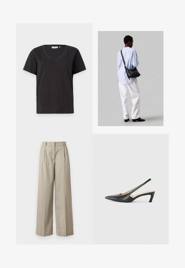 Čierne bavlnené tričko s výstrihom do V a krátkymi rukávmi. Jednoduchý dizajn s bežným strihom a bez vzorov alebo akcentov.; Béžové nohavice s širokými nohavicami vyrobené z hladkej látky, so priliehavým pásom, záhybmi a voľným strihom cez nohy. Jednoduchý dizajn a čisté línie.; Čierne slingback topánky s ostrou špičkou a nízkym opätkom, vyrobené z hladkej kože a s výrezmi na boku pre lepšiu priedušnosť.; Čierna kožená ramenná taška so mäkkou textúrou, trojuholníkovým tvarom a nastaviteľným popruhom, skombinovaná s svetlomodrou pruhovanou košeľou a bielymi nohavicami.