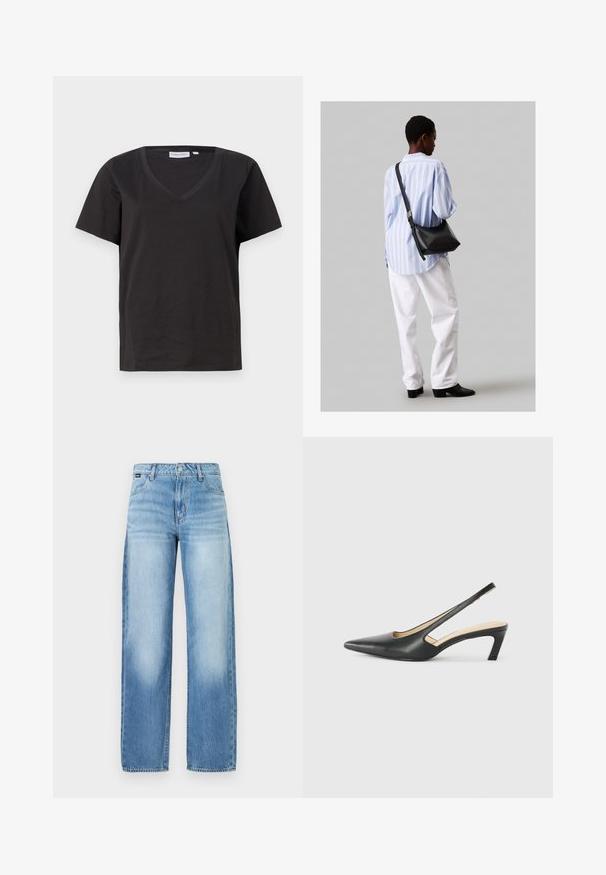 Juodas medvilninis marškinėlis su V formos iškirpte ir trumpomis rankovėmis. Paprastas dizainas, reguliaraus kirpimo, be raštų ar akcentų.; Šviesiai mėlynos plačios džinsinės kelnės, pagamintos iš džinsinio audinio, su aukštu liemeniu, penkių kišenių dizainu ir lengvu nublukimu, suteikiančiu atsitiktinį įvaizdį.; Juodas smailus slingback batelis su žemu kulnu, pagamintas iš lygaus odos paviršiaus ir su išpjovomis šone, užtikrinančiomis oro pralaidumą.; Juodas odinis petinis krepšys su minkšta tekstūra, trikampiu pavidalu ir reguliuojama juosta, derinamas su šviesiai mėlynu dryžuotu marškinėliu ir baltais džinsais.