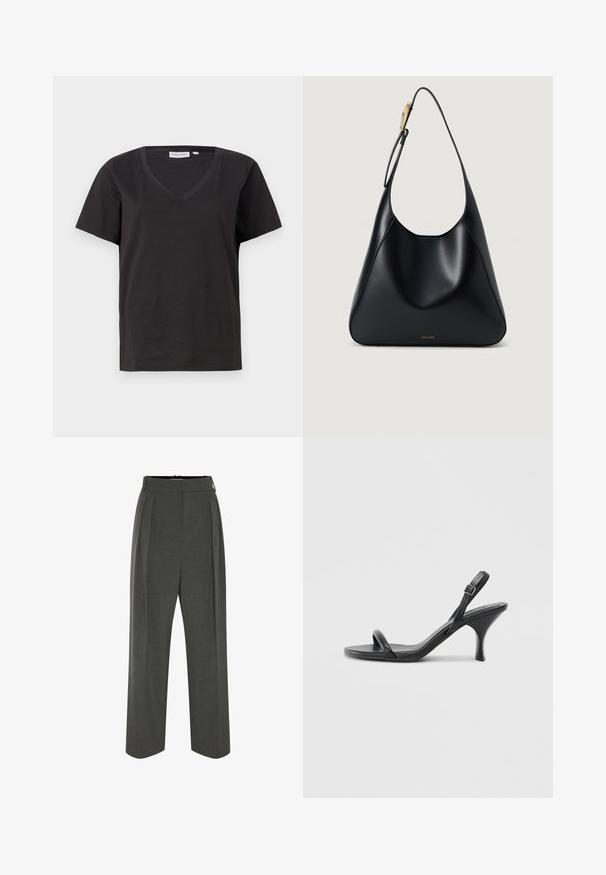 Juodas medvilninis marškinėlis su V formos iškirpte ir trumpomis rankovėmis. Paprastas dizainas, reguliaraus kirpimo, be raštų ar akcentų.; Pilki platėjantys kelnių modelio kelnės iš tekstūruotos medžiagos, su aukštu liemeniu ir priekine klostuote. Dizainas apima lygų juosmenį ir nematomus užsegimus.; Juodos odinės aukštakulnės šlepetės su plonu, kreiviu kulnu ir kryžminiu dirželio dizainu. Reguliuojamas kulkšnies dirželis. Lygus paviršius.; Juodas odinis pečių krepšys su lygiu paviršiumi, kreiviu siluetu ir auksinės spalvos detalėmis. Pagrindinėje dalyje yra išgraviruotas prekės ženklo logo.
