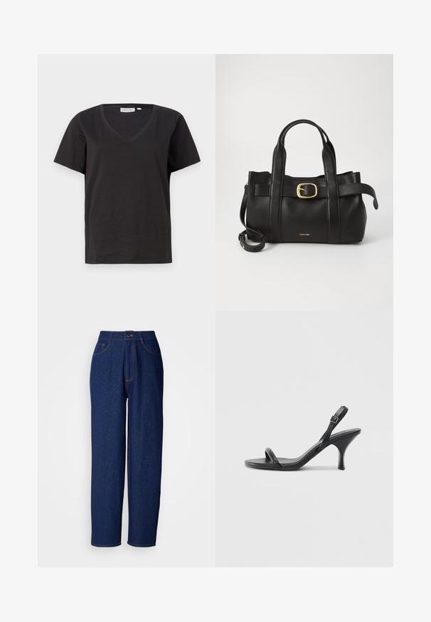 Svart bomull T-shirt med V-urringning och korta ärmar. Enkelt design med en vanlig passform och inga mönster eller accenter.; Mörkblå denimbyxor med vida ben och hög midja, prydda med orangea sömmar, framfickor och knappstängning. Slät textur med subtila prickar.; Svarta läder högklackade sandaler med en smal, böjd klack och ett korsat remdesign. Justerbar ankelrem. Slät textur.; Svart läderhandväska med en strukturerad design, dubbla topphandtag, detaljer i guldton med spänne och präglad logotyp framtill.