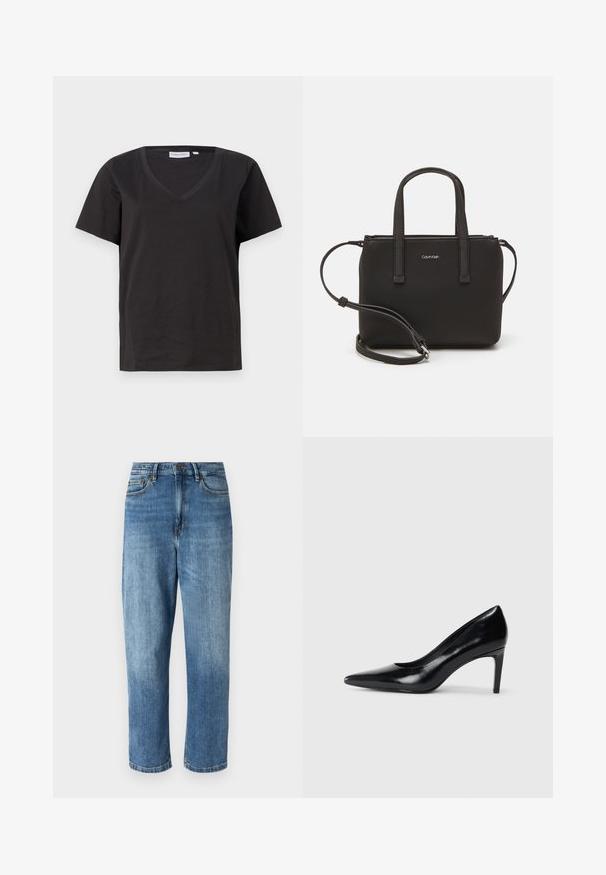 T-shirt in cotone nero con scollo a V e maniche corte. Design semplice con vestibilità regolare, senza motivi o dettagli.; Jeans in denim azzurro chiaro con design a gamba dritta, dotati di cinque tasche, chiusura con bottone e zip, e un leggero sbiadimento nella parte anteriore.; Scarpa con tacco alto in pelle nera, con punta affusolata, texture liscia e tacco rastremato. Design minimalista, senza ulteriori decorazioni.; Borsa nera con doppi manici corti e tracolla removibile. Materiale simile alla pelle liscia con chiusura a zip e dettaglio del logo.