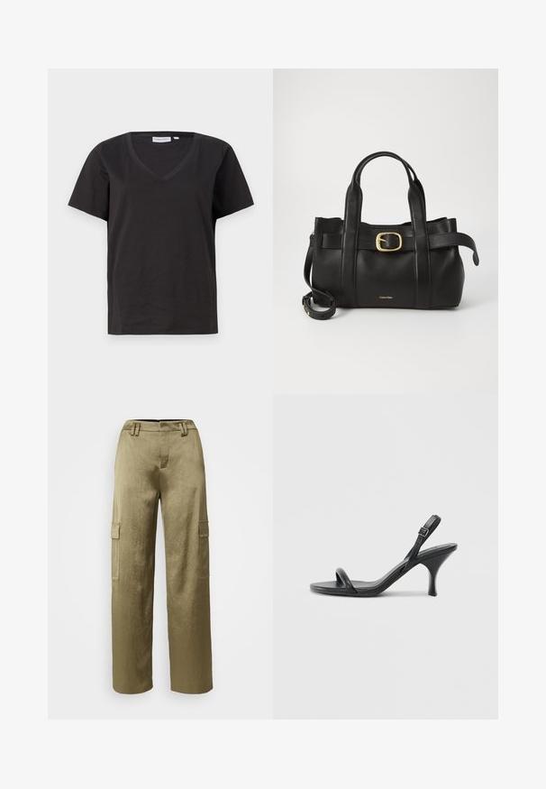 Svart bomull T-skjorte med V-hals og korte ermer. Enkel design med vanlig passform og uten mønstre eller detaljer.; Olivenfargede cargo-bukser med vid design, som har to sidelommer, teksturert stoff og en tettsittende midjebånd med beltehemper.; Sorte skinnhøye hæler med en slank, buet hæl og et kryssrem-design. Justerbar ankelrem. Glatt tekstur.; Svart lærveske med en strukturert design, doble topphåndtak, gullfarget spenneakent og preget merke-logo foran.