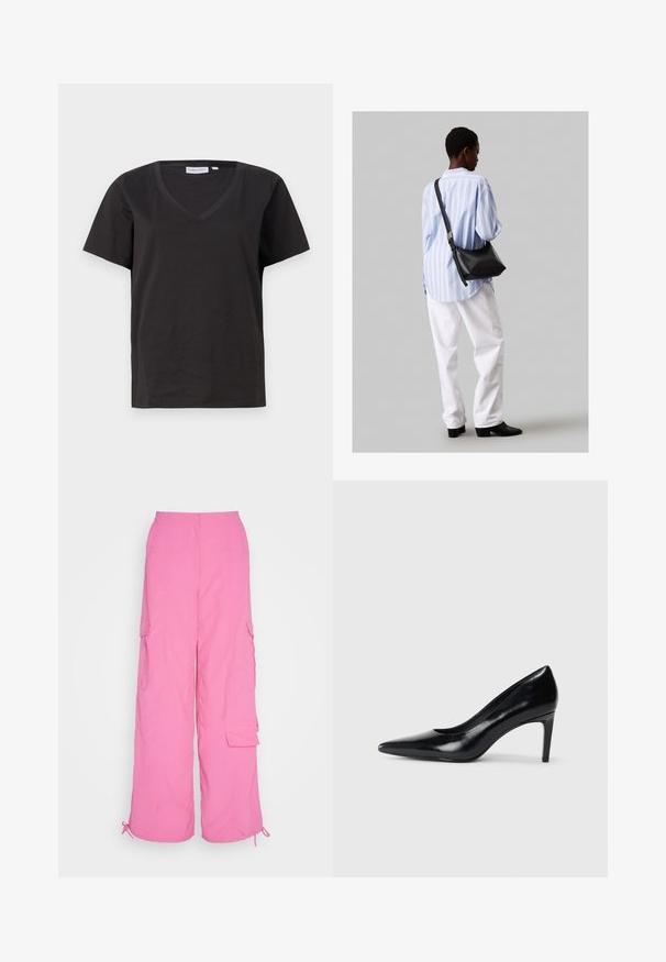 Fekete pamut póló V-nyakkal és rövid ujjakkal. Egyszerű dizájn, normál fazon, minta vagy díszítés nélkül.; Rózsaszín cargo nadrág, széles lábú dizájnnal, gombos záródással, több oldalzsebbel és állítható zsinóros mandzsettákkal, könnyű anyagból készült.; Fekete bőr magassarkú cipő, hegyes orral, sima textúrával és kúpos sarkal. Minimalista dizájn, nincsenek további díszítések.; Fekete bőr válltáska puha tapintással, háromszög alakú, állítható pánttal, világoskék csíkos inggel és fehér nadrággal párosítva.