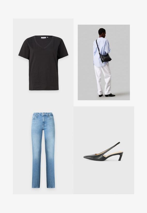 Juodas medvilninis marškinėlis su V formos iškirpte ir trumpomis rankovėmis. Paprastas dizainas, reguliaraus kirpimo, be raštų ar akcentų.; Šviesiai mėlyni tiesių kojų džinsai pagaminti iš denimo, turintys klasikinį penkių kišenių dizainą ir siuvinėtą juosmenį su priekinės sagos uždarymu.; Juodas smailus slingback batelis su žemu kulnu, pagamintas iš lygaus odos paviršiaus ir su išpjovomis šone, užtikrinančiomis oro pralaidumą.; Juodas odinis petinis krepšys su minkšta tekstūra, trikampiu pavidalu ir reguliuojama juosta, derinamas su šviesiai mėlynu dryžuotu marškinėliu ir baltais džinsais.