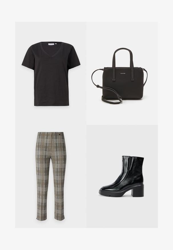 Svart bomull T-shirt med V-urringning och korta ärmar. Enkelt design med en vanlig passform och inga mönster eller accenter.; Rutiga byxor med ett grått, svart och gult mönster, skräddarsydd passform, dragkedja fram och subtila sprund vid fållen.; Svarta lacklädersankelstövlar med rundad tå, elastiska sidopaneler och en chunky klack. Har en präglad logotyp på baksidan.; Svart handväska med dubbla korta handtag och ett avtagbart axelband. Slät läderliknande material med dragkedjestängning och logodetalj.