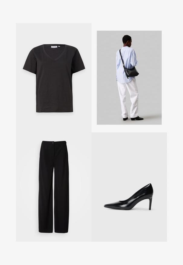 Černé bavlněné tričko s výstřihem do V a krátkým rukávem. Jednoduchý design s klasickým střihem bez vzorů nebo akcentů.; Černé široké kalhoty z hladké tkaniny; s knoflíkovým zapínáním a skládáním pro strukturovaný siluetu.; Černé kožené boty na vysokém podpatku s špičatou špičkou, hladkým povrchem a zúženým podpatkem. Minimalistický design, bez dalších ozdob.; Černá kožená kabelka přes rameno s jemnou texturou, trojúhelníkovým tvarem a nastavitelným popruhem, v kombinaci se světle modrou pruhovanou košilí a bílými kalhotami.