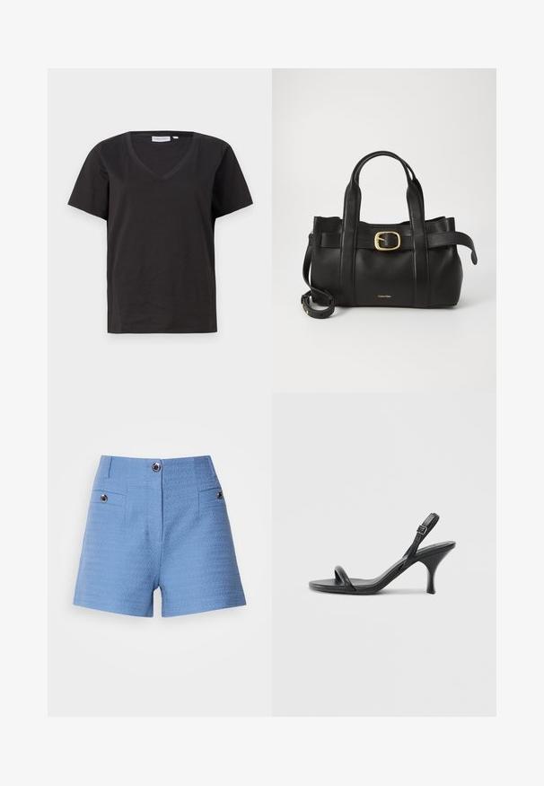 Czarna bawełniana koszulka z dekoltem w serek i krótkimi rękawami. Prosty design o regularnym kroju bez wzorów ani dodatków.; Niebieskie, plecione szorty o wysokim stanie, z dwoma przednimi kieszeniami i dekoracyjnymi guzikami. Teksturowana tkanina o gładkim wykończeniu.; Czarne skórzane sandały na wysokim obcasie z cienkim, zakrzywionym obcasem i skrzyżowanym wzorem pasków. Regulowany pasek na kostkę. Gładka faktura.; Czarna skórzana torebka o zorganizowanej konstrukcji, z podwójnymi uchwytami u góry, akcentem w postaci złotego zapięcia oraz wytłoczonym logo marki z przodu.