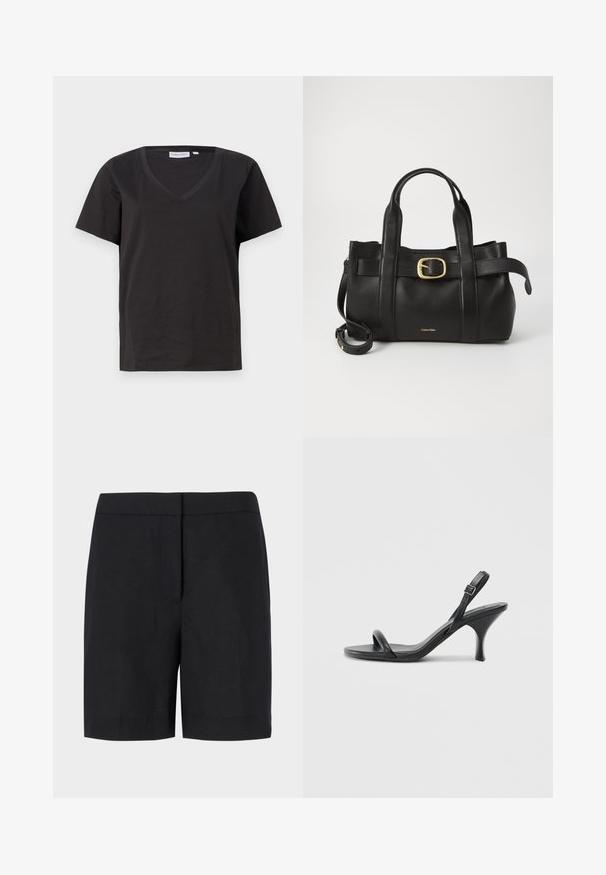 Camisa de algodón negra con cuello en V y mangas cortas. Diseño simple con un corte regular y sin patrones ni acentos.; Pantalones cortos negros hechos de un tejido ligero, con un corte recto clásico, diseño minimalista y sin herrajes ni patrones visibles.; Sandalias de tacón alto de cuero negro con un tacón delgado y curvado y un diseño de tiras cruzadas. Correa para el tobillo ajustable. Textura suave.; Bolso de cuero negro con un diseño estructurado, doble mango superior, detalle de hebilla en tono dorado y logo de la marca grabado en la parte frontal.
