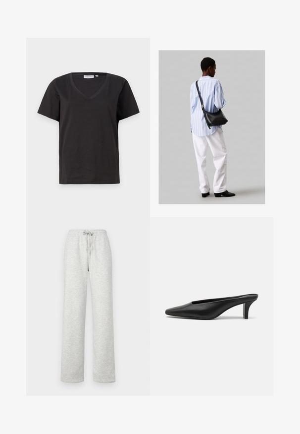 Μαύρο βαμβακερό T-shirt με V λαιμόκοψη και κοντά μανίκια. Απλός σχεδιασμός με κανονική εφαρμογή και χωρίς μοτίβα ή διακοσμητικά.; Gina Tricot Tall BASIC STRAIGHT - Παντελόνι φόρμας - grey; Μαύρες δερμάτινες γόβες με μυτερή μύτη και χαμηλό στιλέτο τακούνι. Λειος υφασμάτινος σχεδιασμός, μινιμαλιστική γραμμή και ανοιχτή πλάτη για εύκολη χρήση.; Μαύρη δερμάτινη τσάντα ώμου με απαλή υφή, τριγωνικό σχήμα και ρυθμιζόμενο λουρί, συνδυασμένη με ένα ανοιχτό μπλε ριγέ πουκάμισο και λευκό παντελόνι.