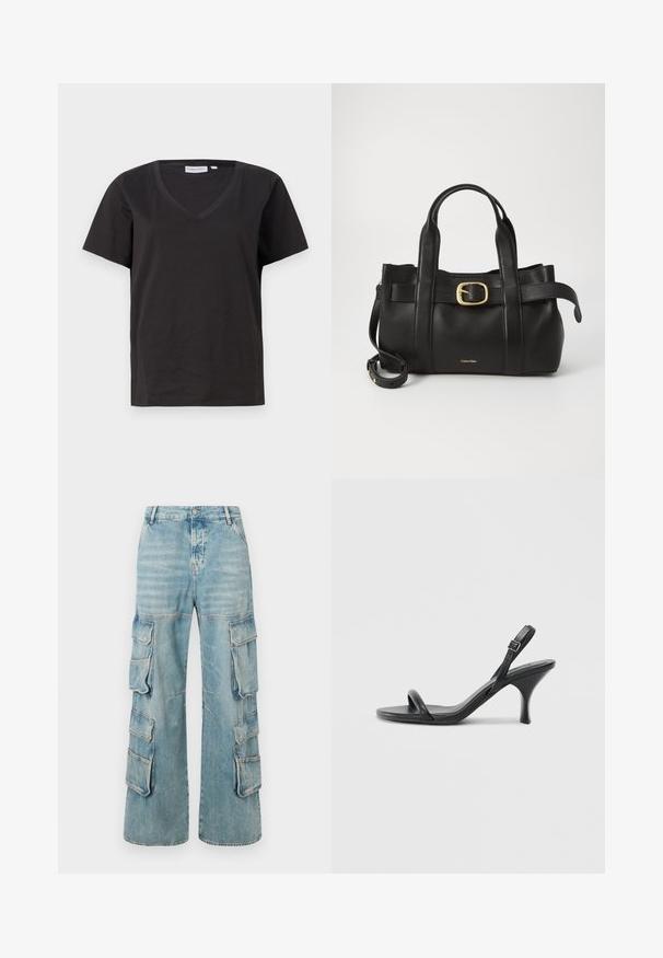 Juodas medvilninis marškinėlis su V formos iškirpte ir trumpomis rankovėmis. Paprastas dizainas, reguliaraus kirpimo, be raštų ar akcentų.; Šviesiai mėlyni džinsiniai cargo kelnaičiai su plačiais kojomis, turintys šešias pripučiamos kišenes ir matomus siūlus. Su nusidėvėjimo akcentais visame gaminyje.; Juodos odinės aukštakulnės šlepetės su plonu, kreiviu kulnu ir kryžminiu dirželio dizainu. Reguliuojamas kulkšnies dirželis. Lygus paviršius.; Juodas odinis rankinės maišas su struktūrizuotu dizainu, dviem viršutinėmis rankenomis, auksinės spalvos sagtimi ir iškilniu prekės ženklu priekyje.