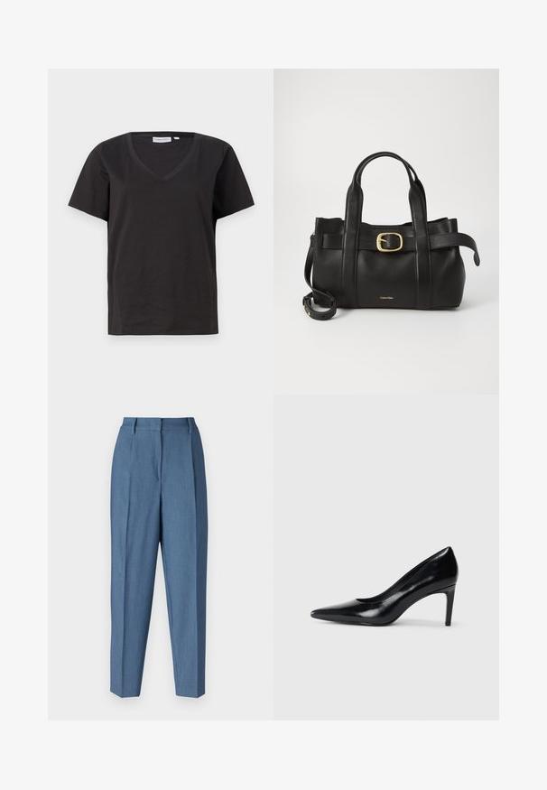 Crni pamučni T-shirt s V-izrezom i kratkim rukavima. Jednostavan dizajn s regularnom krojem i bez uzoraka ili akcenta.; Bruuns Bazaar CINDYSUS DAGNY - Hlače - indian teal; Crna kožna cipela na visokom potpeticu s špicastim prstom, glatke teksture i sužavajućom potpeticom. Minimalistički dizajn, bez dodatnih ukrasa.; Crna kožna torba s strukturiranim dizajnom, dvostrukim gornjim ručkama, zlatnim kopčom kao naglaskom i utisnutim logotipom marke sprijeda.