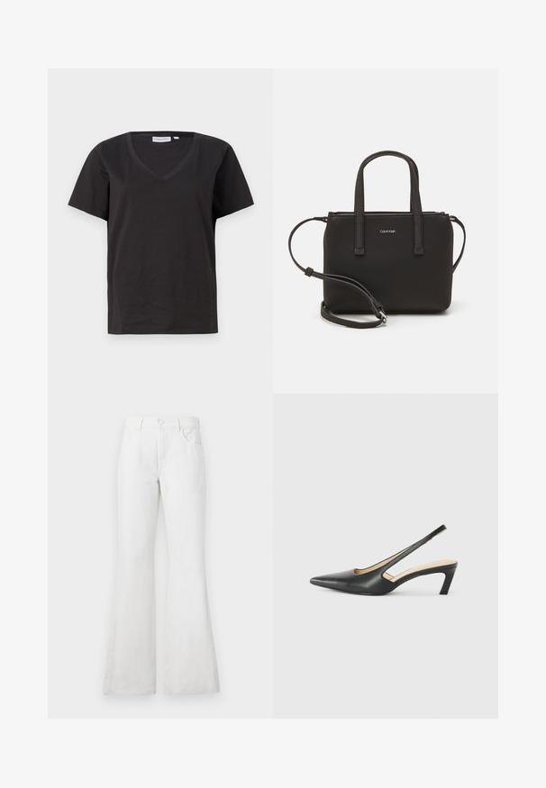 Schwarzes Baumwoll-T-Shirt mit V-Ausschnitt und kurzen Ärmeln. Einfaches Design mit normalem Schnitt und ohne Muster oder Akzente.; Weiße, ausgestellte Jeans aus Denim mit hoher Taille, ausgestattet mit Fronttaschen, Gürtelschlaufen und einem klassischen Knopfverschluss. Glatte Textur, lässiges Design.; Schwarzer spitz zulaufender Slingback-Schuh mit niedrigem Absatz, der aus glattem Leder gefertigt ist und seitliche Ausschnitte für Atmungsaktivität aufweist.; Schwarze Handtasche mit zwei kurzen, doppelt geflochtenen Griffen und einem abnehmbaren Schulterriemen. Glattes, lederähnliches Material mit einem Reißverschluss und Logodetail.
