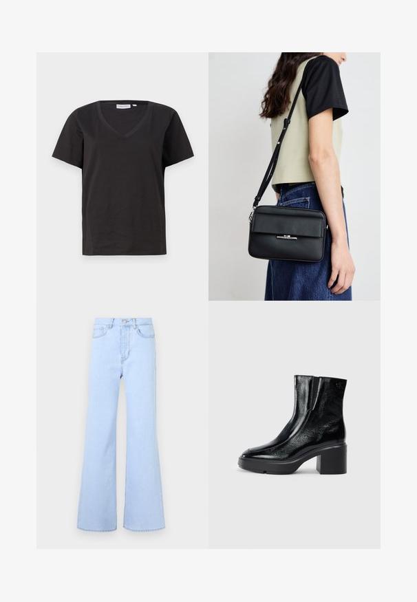 T-shirt in cotone nero con scollo a V e maniche corte. Design semplice con vestibilità regolare, senza motivi o dettagli.; Jeans flare di colore azzurro chiaro con vita alta, dotati di cinque tasche, chiusura con bottone e una texture di denim liscia. Il bordo è cucito in modo pulito.; Stivali alla caviglia in pelle verniciata nera con punta curva, pannelli laterali elasticizzati e tacco robusto. Presentano un logo impresso sul retro.; Calvin Klein LINEAR CAMERA BAG - Borsa a tracolla - black