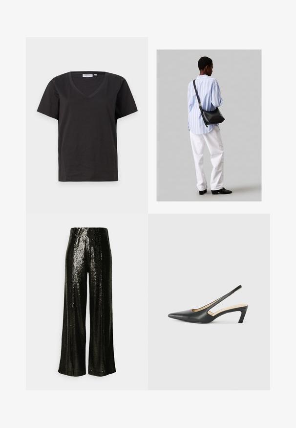 Must musta T-särk V-kaelusega ja lühikeste varrukatega. Lihtne disain, regulaarne istuvus, ilma mustrite ja aktsentideta.; Mustmustreeritud laiad püksid suursuguse tekstuuriga ja kõrge vöökohaga, peegeldades valgust läikiva viimistlusega.; Must mustaga, terav varvas, madala kontsaga sildiga king, mis on valmistatud siledast nahast ja mille küljel on lõike disain hingavuse tagamiseks.; Must have mustras alasi nahkpatsi, pehme tekstuuriga, kolmnurkse kujuga ja reguleeritava rihmaga, koos helesinise triibulise särgi ja valgete pükstega.