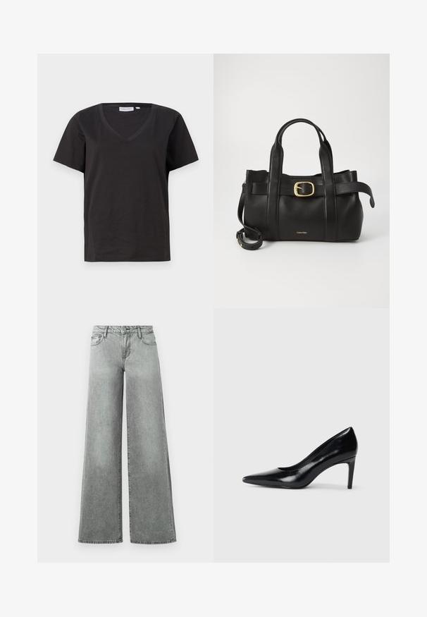 Black cotton T-shirt with a V-neck and short sleeves. Simple design with a regular fit and no patterns or accents.; Gray wide-leg jeans made of denim, featuring five pockets, a high waist, and a slightly faded finish with visible stitching.; Black leather high heel shoe with a pointed toe, smooth texture, and a tapered heel. Minimalist design, no additional embellishments.; Black leather handbag featuring a structured design, dual top handles, gold-tone buckle accent, and embossed brand logo at the front.