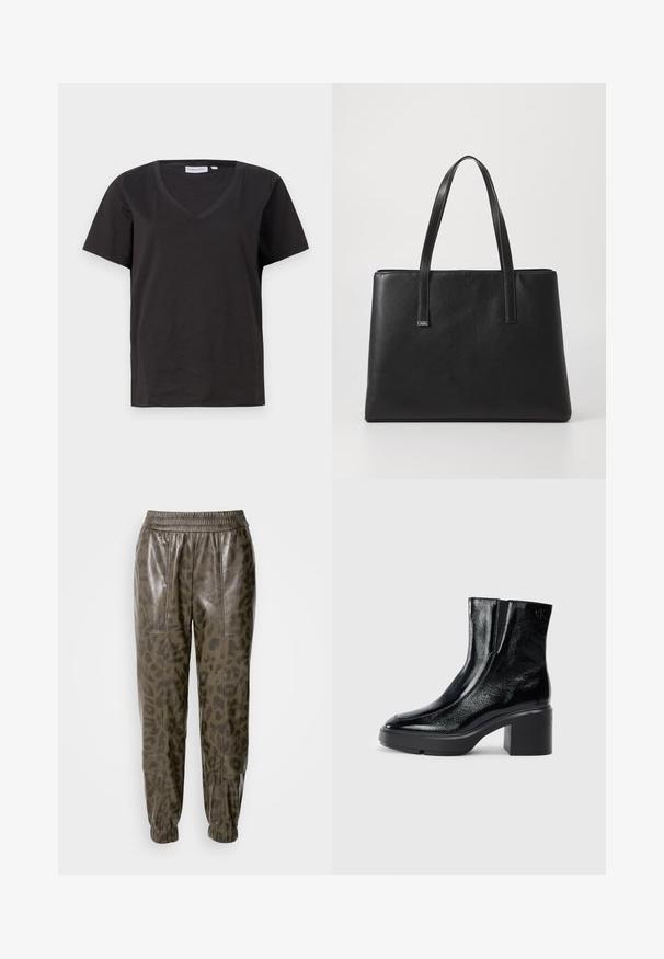 T-shirt de algodão preto com decote em V e mangas curtas. Design simples com um corte regular e sem padrões ou detalhes.; Calças de jogging em pele sintética verde-oliva com padrão de padrão de leopardo, apresentando uma cintura elástica e tornozelos com punhos, textura suave e bolsos.; Botas de tornozelo de verniz preto com ponta curva, painéis laterais elásticos e um salto quadrado robusto. Apresenta um logotipo em relevo na parte de trás.; Mala tote de couro preto com duas alças longas, forma retangular, superfície texturizada e design minimalista. Sem hardware ou acentos visíveis.