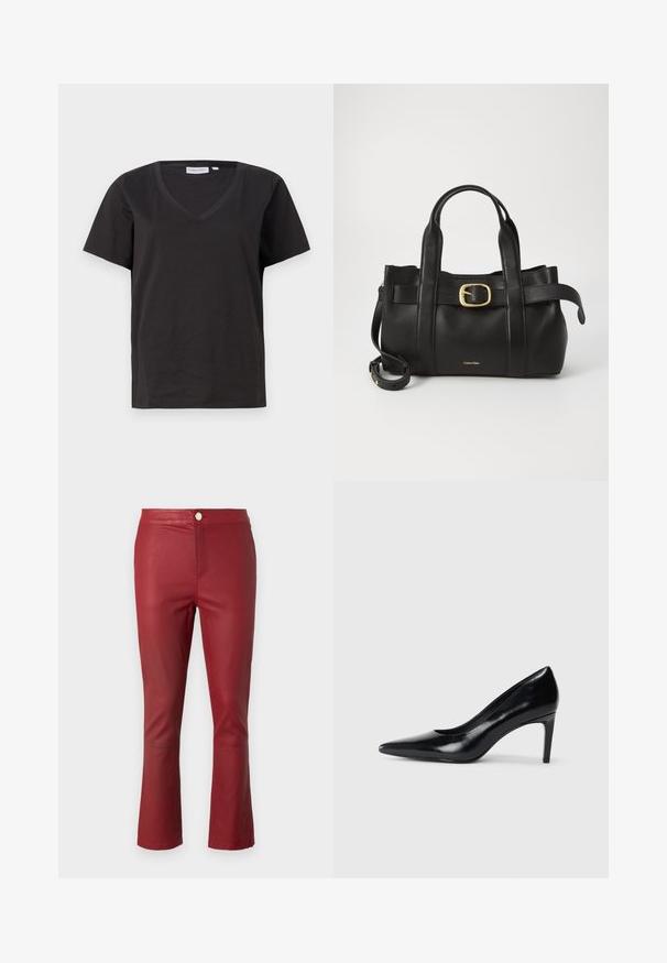 Tricou negru din bumbac cu decolteu în V și mâneci scurte. Design simplu, cu o croială normală și fără modele sau accente.; Pantaloni din piele roșie cu un design ajustat, talie medie și manșete evazate. Include o închidere cu buton în față și o textură netedă.; Pantof de damă din piele neagră, cu toc înalt, vârf ascuțit, textură fină și toc conic. Design minimalist, fără embellishments suplimentare.; Geantă de mână din piele neagră, cu un design structurat, mânere superioare duale, accent cu cataramă aurie și logo-ul brandului embosat în față.