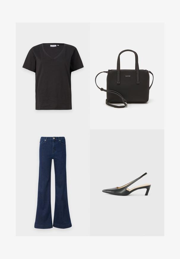 Zwarte katoenen T-shirt met een V-hals en korte mouwen. Eenvoudig ontwerp met een regular fit en zonder patronen of accenten.; Donkerblauwe uitlopende jeans van denim, met een hoge taille, subtiele slijtage en gouden hardware op de voorzakken en sluiting.; Zwarte puntige slingback schoen met een lage hak, gemaakt van soepel leer en voorzien van een uitsnede aan de zijkant voor ventilatie.; Zwarte handtas met dubbele korte handvatten en een afneembare schouderriem. Glad, leerachtig materiaal met een ritssluiting en logo-detail.