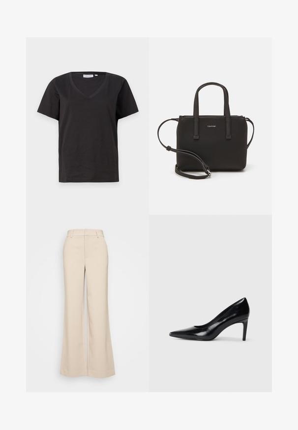 T-shirt in cotone nero con scollo a V e maniche corte. Design semplice con vestibilità regolare, senza motivi o dettagli.; Pantaloni beige a gamba larga con una texture liscia, caratterizzati da una vita alta e due tasche frontali. Design pulito con una vestibilità sartoriale.; Scarpa con tacco alto in pelle nera, con punta affusolata, texture liscia e tacco rastremato. Design minimalista, senza ulteriori decorazioni.; Borsa nera con doppi manici corti e tracolla removibile. Materiale simile alla pelle liscia con chiusura a zip e dettaglio del logo.