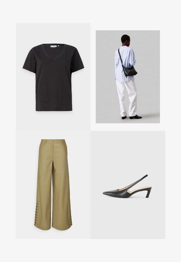 T-shirt in cotone nero con scollo a V e maniche corte. Design semplice con vestibilità regolare, senza motivi o dettagli.; Pantaloni a gamba larga in ecopelle verde oliva, con dettaglio di lacci lungo le cuciture laterali e tasche frontali. Tessuto liscio e vestibilità sagomata.; Scarpa slingback nera con punta affilata e tacco basso, realizzata in pelle liscia e con un design a taglio laterale per favorire la traspirabilità.; Borsa a tracolla in pelle nera con una texture morbida, forma triangolare e tracolla regolabile, abbinata a una camicia a righe blu chiaro e pantaloni bianchi.