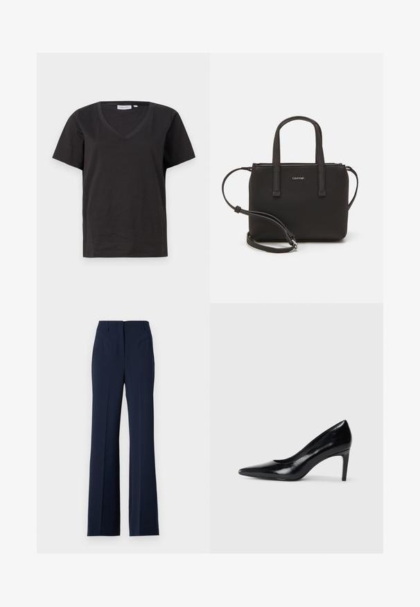 Černé bavlněné tričko s výstřihem do V a krátkým rukávem. Jednoduchý design s klasickým střihem bez vzorů nebo akcentů.; Patrizia Pepe PANT - Kalhoty - navy; Černé kožené boty na vysokém podpatku s špičatou špičkou, hladkým povrchem a zúženým podpatkem. Minimalistický design, bez dalších ozdob.; Černá kabelka s dvojitými krátkými uchy a odnímatelným ramenním popruhem. Hladký koženkový materiál s uzávěrem na zip a detailem loga.