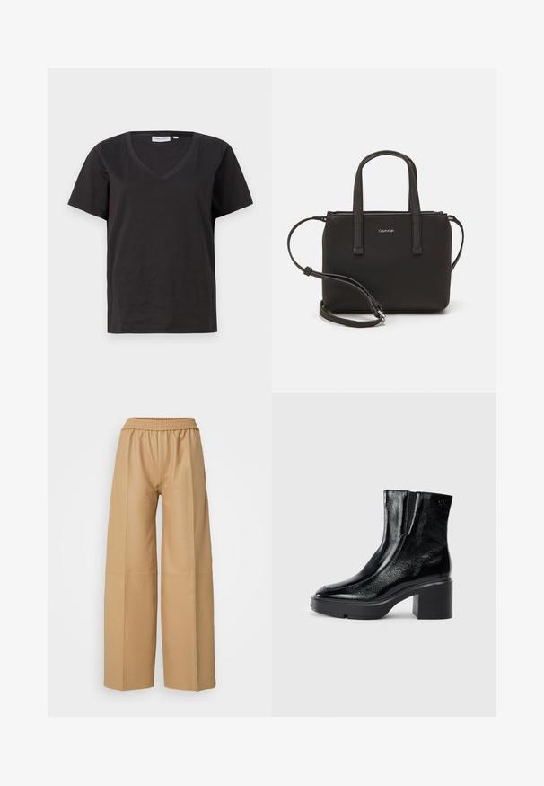 Zwarte katoenen T-shirt met een V-hals en korte mouwen. Eenvoudig ontwerp met een regular fit en zonder patronen of accenten.; Beige faux leren wijd-pantalon met een elastische tailleband en verticale naaddetails, met een gladde, matte textuur.; Zwarte gepatenteerde leren enkellaarsjes met een gebogen neus, elastische zijpanelen en een chunky blokhak. Voorzien van een reliëflogo aan de achterkant.; Zwarte handtas met dubbele korte handvatten en een afneembare schouderriem. Glad, leerachtig materiaal met een ritssluiting en logo-detail.