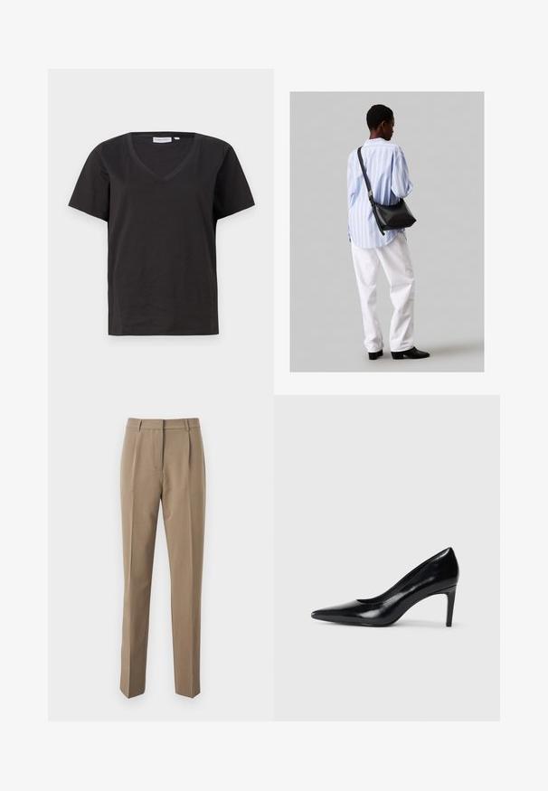 Černé bavlněné tričko s výstřihem do V a krátkým rukávem. Jednoduchý design s klasickým střihem bez vzorů nebo akcentů.; Hnědé kalhoty na míru vyrobené z hladké tkaniny, s rovným střihem, předními záhyby a pasem s poutky na opasek.; Černé kožené boty na vysokém podpatku s špičatou špičkou, hladkým povrchem a zúženým podpatkem. Minimalistický design, bez dalších ozdob.; Černá kožená kabelka přes rameno s jemnou texturou, trojúhelníkovým tvarem a nastavitelným popruhem, v kombinaci se světle modrou pruhovanou košilí a bílými kalhotami.