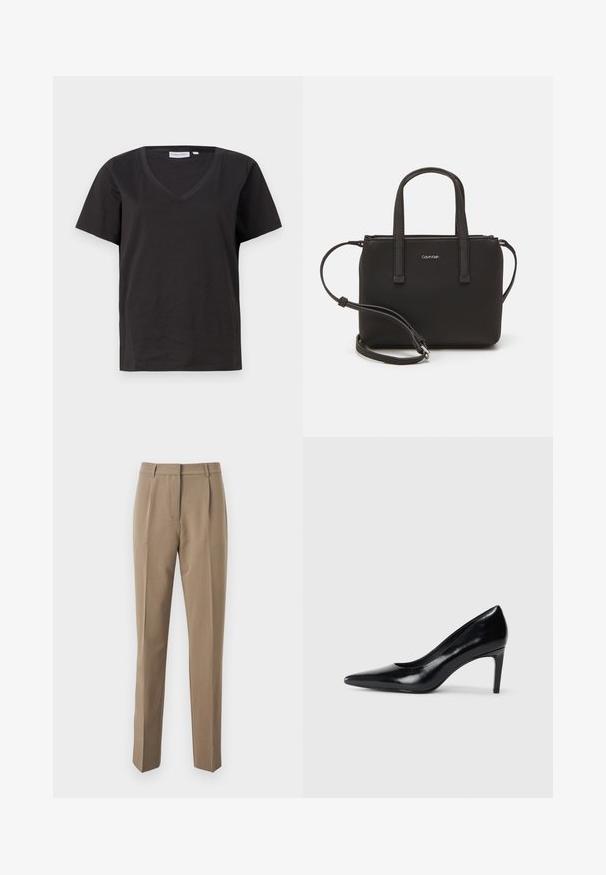 Melnas kokvilnas T-krekls ar V veida kakla izgriezumu un īsām piedurknēm. Vienkāršs dizains ar regulāru piegriezumu un bez rakstiem vai akcentiem.; Brūni piegrieztie bikses, kas izgatavotas no gludas auduma, ar taisnu kāju dizainu, priekšējiem ielocījumiem un jostasvietu ar jostām.; Melnas ādas augstpapēžu kurpes ar norādītu purngali, gludu tekstūru un šauru papēdi. Minimālistisks dizains, bez papildu rotājumiem.; Melns roku soma ar divām īsām rokturiem un noņemamu plecu siksnu. Gluda ādas līdzīga materiāla ar rāvējslēdzēja aizdari un logos detaļu.
