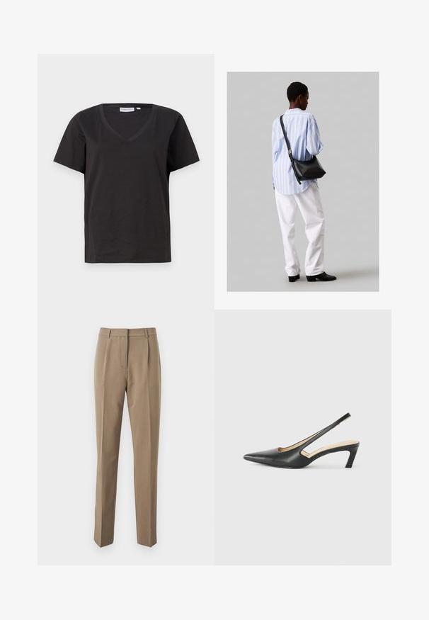 Čierne bavlnené tričko s výstrihom do V a krátkymi rukávmi. Jednoduchý dizajn s bežným strihom a bez vzorov alebo akcentov.; Hnedé šité nohavice vyrobené z hladkej tkaniny, s rovno strihanými nohavicami, prednými záhybmi a pásom s pútkami na opasok.; Čierne slingback topánky s ostrou špičkou a nízkym opätkom, vyrobené z hladkej kože a s výrezmi na boku pre lepšiu priedušnosť.; Čierna kožená ramenná taška so mäkkou textúrou, trojuholníkovým tvarom a nastaviteľným popruhom, skombinovaná s svetlomodrou pruhovanou košeľou a bielymi nohavicami.