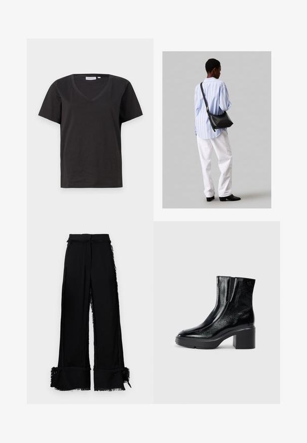 Sort bomulds T-shirt med V-hals og korte ærmer. Enkel design med regular fit og ingen mønstre eller accenter.; Sorte bukser med bred benvidde, fransede kanter, struktureret overflade, sideslids og dekorative knapper ved kanten. Skræddersyet talje.; Sorte patenterede læderankelstøvler med en buet tå, elastiske sidepaneler og en kraftig blokhæl. Har et præget logo på bagsiden.; Sort læder skuldertaske med en blød tekstur, trekantet form og justerbar strop, kombineret med en lyseblå stribet skjorte og hvide bukser.