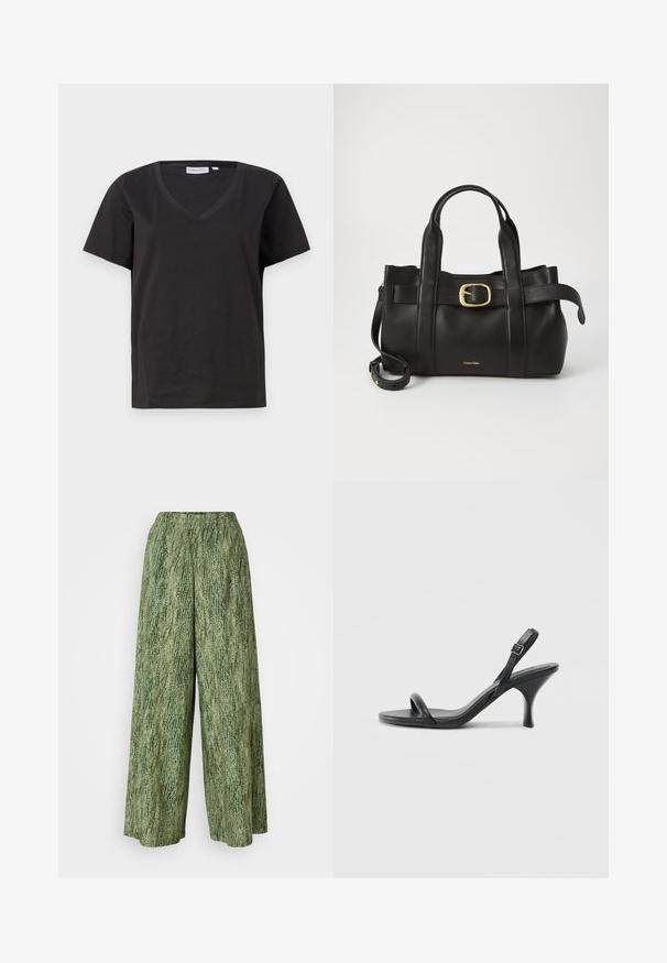 T-shirt in cotone nero con scollo a V e maniche corte. Design semplice con vestibilità regolare, senza motivi o dettagli.; Pantaloni a gamba larga in tessuto verde texture. Vita elastica e superficie a motivo con tonalità di verde variabili.; Sandali con tacco alto in pelle nera, con tacco sottile e curvo e design a fascia incrociata. Cinghia alla caviglia regolabile. Texture liscia.; Borsa a mano in pelle nera con un design strutturato, doppie maniglie superiori, accentuazione in metallo dorato e logo del marchio in rilievo sul davanti.