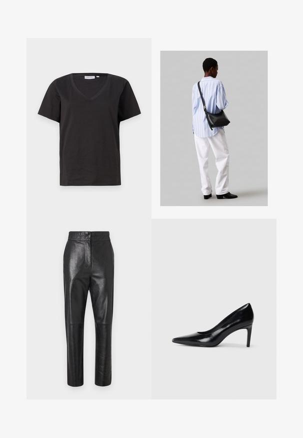Černé bavlněné tričko s výstřihem do V a krátkým rukávem. Jednoduchý design s klasickým střihem bez vzorů nebo akcentů.; Černé kožené kalhoty s lesklým povrchem, přizpůsobený design, rovný střih nohavic a jemné detaily švů. Žádné viditelné kovové prvky ani akcenty.; Černé kožené boty na vysokém podpatku s špičatou špičkou, hladkým povrchem a zúženým podpatkem. Minimalistický design, bez dalších ozdob.; Černá kožená kabelka přes rameno s jemnou texturou, trojúhelníkovým tvarem a nastavitelným popruhem, v kombinaci se světle modrou pruhovanou košilí a bílými kalhotami.