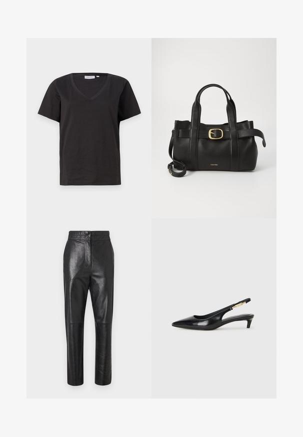 T-shirt en coton noir avec un col en V et des manches courtes. Design simple avec une coupe régulière et sans motifs ni accents.; Pantalons en cuir noir avec une finition polie, design ajusté, coupe droite et détails de couture subtils. Pas de matériel ou d'accents visibles.; Talons hauts en cuir noir avec un bout pointu, dotés d'un talon fin et d'un accent en ton or sur la lanière réglable. Texture lisse.; Sac à main en cuir noir présentant un design structuré, deux poignées supérieures, un accent de boucle en ton doré et un logo de la marque en relief à l'avant.