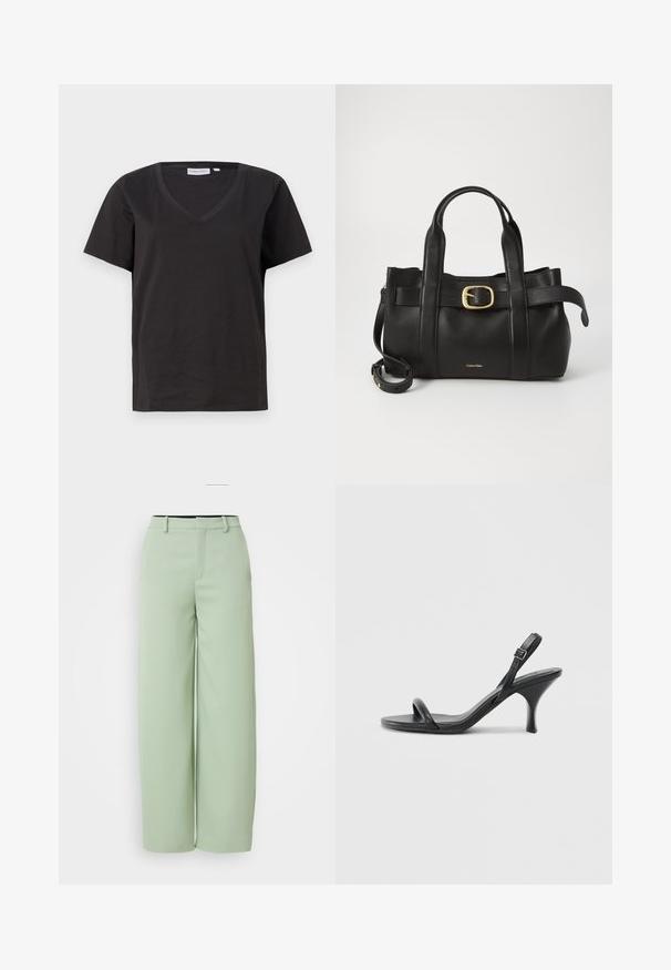 Black cotton T-shirt with a V-neck and short sleeves. Simple design with a regular fit and no patterns or accents.; Light green wide-leg pants made from smooth fabric. Features a flat front, belt loops, and a tailored fit with no visible hardware.; Black leather high-heeled sandals with a slim, curved heel and a crossed strap design. Adjustable ankle strap. Smooth texture.; Black leather handbag featuring a structured design, dual top handles, gold-tone buckle accent, and embossed brand logo at the front.
