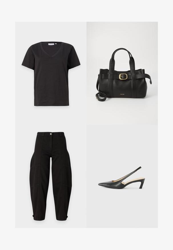 Black cotton T-shirt with a V-neck and short sleeves. Simple design with a regular fit and no patterns or accents.; Black cargo trousers with a relaxed fit, featuring side pockets, a button closure, and cuffs at the ankles. Made of durable cotton fabric.; Black pointy-toed slingback shoe with a low heel, featuring smooth leather material and cut-out design on the side for breathability.; Black leather handbag featuring a structured design, dual top handles, gold-tone buckle accent, and embossed brand logo at the front.