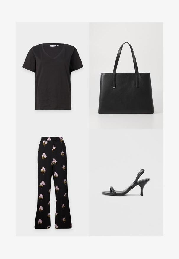 Black cotton T-shirt with a V-neck and short sleeves. Simple design with a regular fit and no patterns or accents.; Black floral pants with purple flower embroidery, tapered design, wide legs, and a waistband detail. Soft fabric with a smooth texture.; Black leather high-heeled sandals with a slim, curved heel and a crossed strap design. Adjustable ankle strap. Smooth texture.; Black leather tote bag with two long handles, rectangular shape, textured surface, and minimalistic design. No visible hardware or accents.