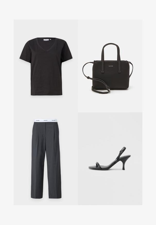 Czarna bawełniana koszulka z dekoltem w serek i krótkimi rękawami. Prosty design o regularnym kroju bez wzorów ani dodatków.; Szare spodnie z szerokimi nogawkami, wykonane z gładkiego materiału, z przodu z fałdami i białym paskiem w talii z logo Calvin Klein.; Czarne skórzane sandały na wysokim obcasie z cienkim, zakrzywionym obcasem i skrzyżowanym wzorem pasków. Regulowany pasek na kostkę. Gładka faktura.; Czarna torebka z dwoma krótkimi uchwytami i odpinanym paskiem na ramię. Gładki materiał przypominający skórę, z zamkiem błyskawicznym i detalem z logo.