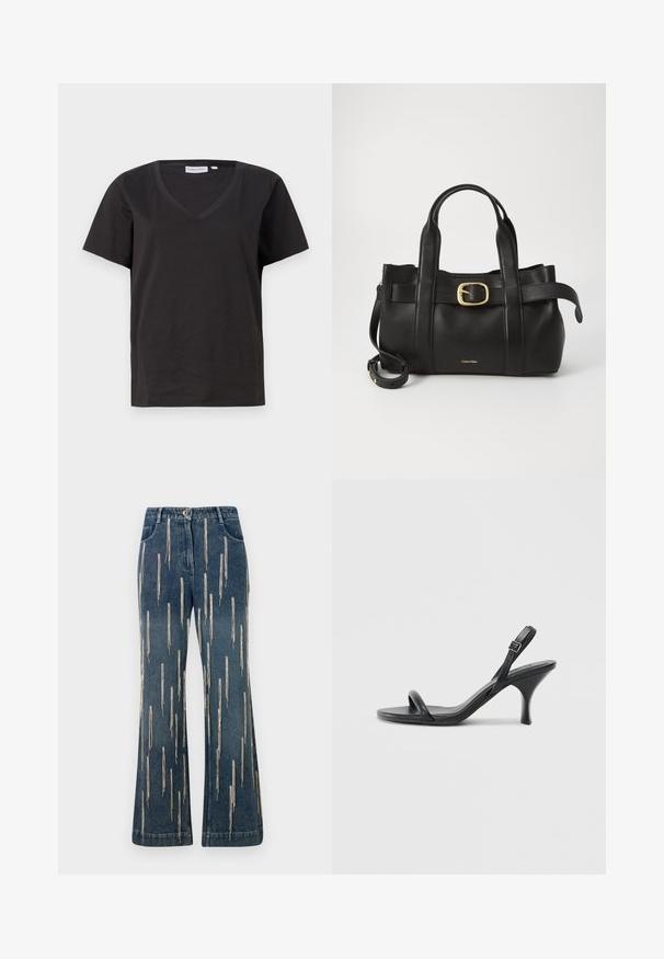 Černé bavlněné tričko s výstřihem do V a krátkým rukávem. Jednoduchý design s klasickým střihem bez vzorů nebo akcentů.; Džínové rozšířené kalhoty v tmavě modré barvě s vertikálními stříbrnými výšivkami. Disponují poutky na pásek, předními kapsami a zapínáním na knoflík.; Černé kožené sandály na vysokém podpatku s úzkým, zakřiveným podpatkem a designem s překříženými popruhy. Nastavitelný pásek kolem kotníku. Hladký povrch.; Černá kožená kabelka s upraveným designem, dvojitými vrchními madly, pozlaceným přezkovým akcentem a vyraženým logem značky na přední straně.