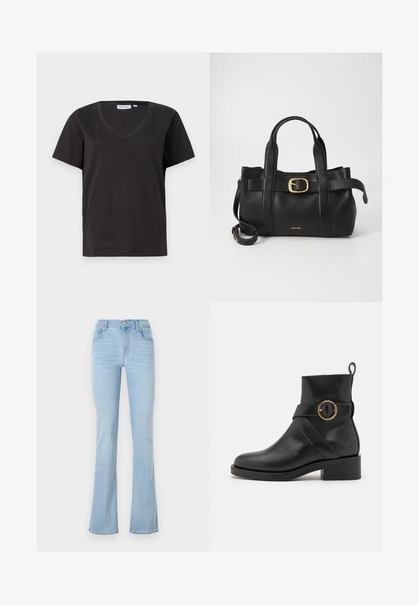 Sort bomulds T-shirt med V-hals og korte ærmer. Enkel design med regular fit og ingen mønstre eller accenter.; Lyseblå denim flared jeans med høj talje, fem lommer, en frontknap og minimale syninger.; BOSS IRYNA BOOTIE - Plateaustøvletter - black; Sort læderhåndtaske med et struktureret design, dobbelte toppegreb, guldtonet spændeaccents og præget logo på forsiden.