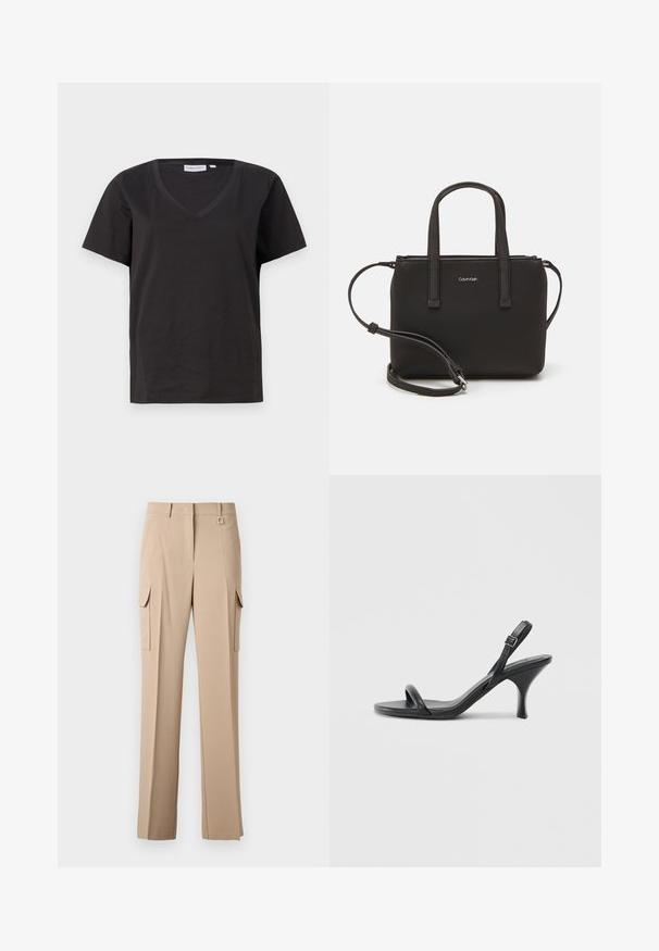 Černé bavlněné tričko s výstřihem do V a krátkým rukávem. Jednoduchý design s klasickým střihem bez vzorů nebo akcentů.; Béžové cargo kalhoty s dvěma bočními kapsami, plochým předním dílem a čtvercovým kovovým doplňkem na pásu. Vyrobené z hladké, lehké látky.; Černé kožené sandály na vysokém podpatku s úzkým, zakřiveným podpatkem a designem s překříženými popruhy. Nastavitelný pásek kolem kotníku. Hladký povrch.; Černá kabelka s dvojitými krátkými uchy a odnímatelným ramenním popruhem. Hladký koženkový materiál s uzávěrem na zip a detailem loga.