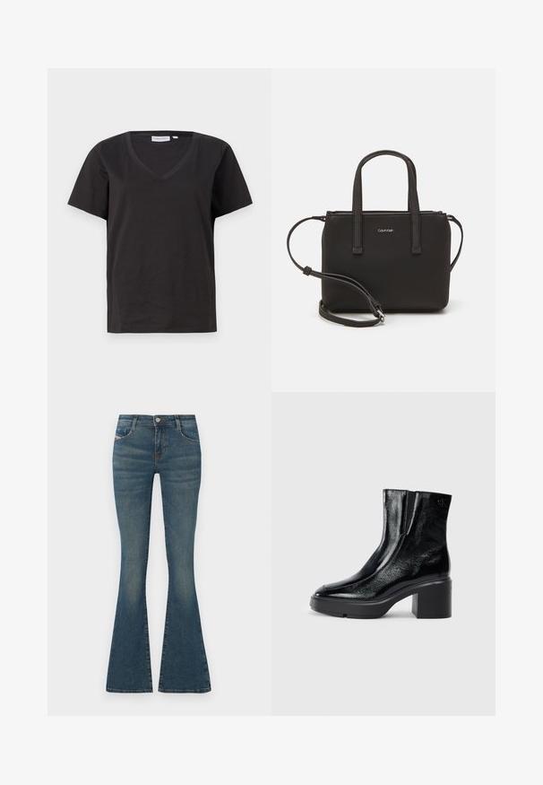 Melnas kokvilnas T-krekls ar V veida kakla izgriezumu un īsām piedurknēm. Vienkāršs dizains ar regulāru piegriezumu un bez rakstiem vai akcentiem.; Džinsi ar platu apakšu, izgatavoti no denima, ar vidēju vidukļa līmeni, priekšējām kabatām un maigu izbalēšanu pa kājām. Klasiskā piecu kabatu stils.; Melnas lakotas ādas potītes zābaki ar izliekto purngalu, elastīgām sānu paneļiem un masīvu blokveida papēdi. Aizmugurē ir izsistā logo.; Melns roku soma ar divām īsām rokturiem un noņemamu plecu siksnu. Gluda ādas līdzīga materiāla ar rāvējslēdzēja aizdari un logos detaļu.