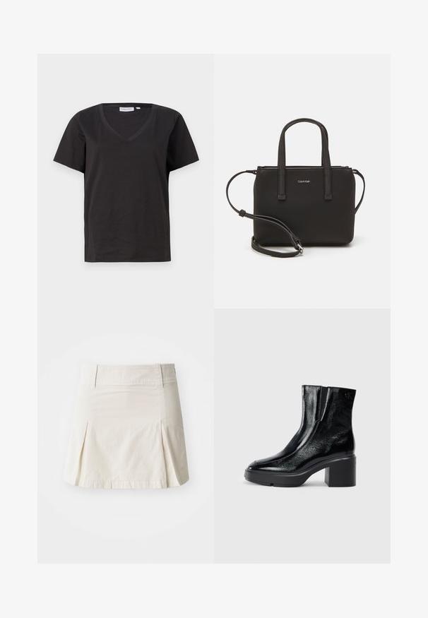 Melnas kokvilnas T-krekls ar V veida kakla izgriezumu un īsām piedurknēm. Vienkāršs dizains ar regulāru piegriezumu un bez rakstiem vai akcentiem.; Gai beidzas kokvilnas svārki ar pieguļošu jostu, krokotu dizainu un taisnu apakšmalu, ar gludu tekstūru un bez redzamiem piekariņiem.; Melnas lakotas ādas potītes zābaki ar izliekto purngalu, elastīgām sānu paneļiem un masīvu blokveida papēdi. Aizmugurē ir izsistā logo.; Melns roku soma ar divām īsām rokturiem un noņemamu plecu siksnu. Gluda ādas līdzīga materiāla ar rāvējslēdzēja aizdari un logos detaļu.