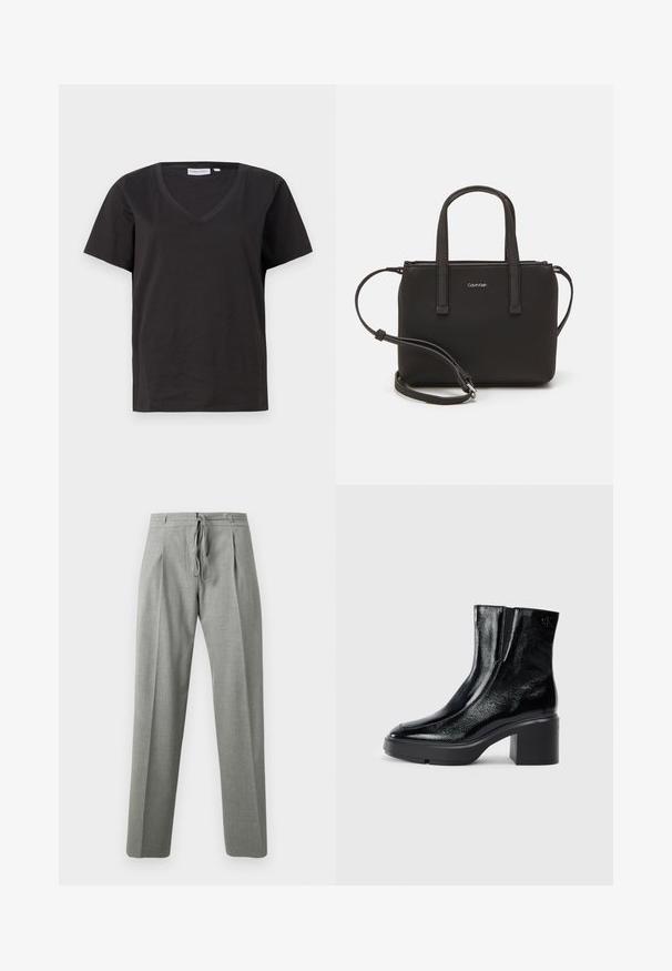 Juodas medvilninis marškinėlis su V formos iškirpte ir trumpomis rankovėmis. Paprastas dizainas, reguliaraus kirpimo, be raštų ar akcentų.; Pilkos, siuvinėtos kelnės su raišteliu liemenėje, pasižyminčios dviem priekinėmis klostėmis, tiesiomis kojomis ir lygia, tekstūruota medžiaga.; Juodi lakiniai auliniai batai iki kulkšnies, su išlenktu pirštu, elastinėmis šoninėmis panelėmis ir masyviu blokuotu kulnu. Apdailoje užpakalinėje dalyje įspaustas logotipas.; Juoda rankinė su dviem trumpais rankenėlėmis ir nuimamu petį. Lygaus odos tipo medžiaga su užtrauktuku ir logotipo detale.